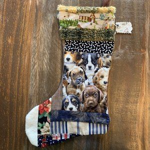 Christmas Stocking Quilted Patchwork Fabric Dog Puppies  NEW 18” Handmade